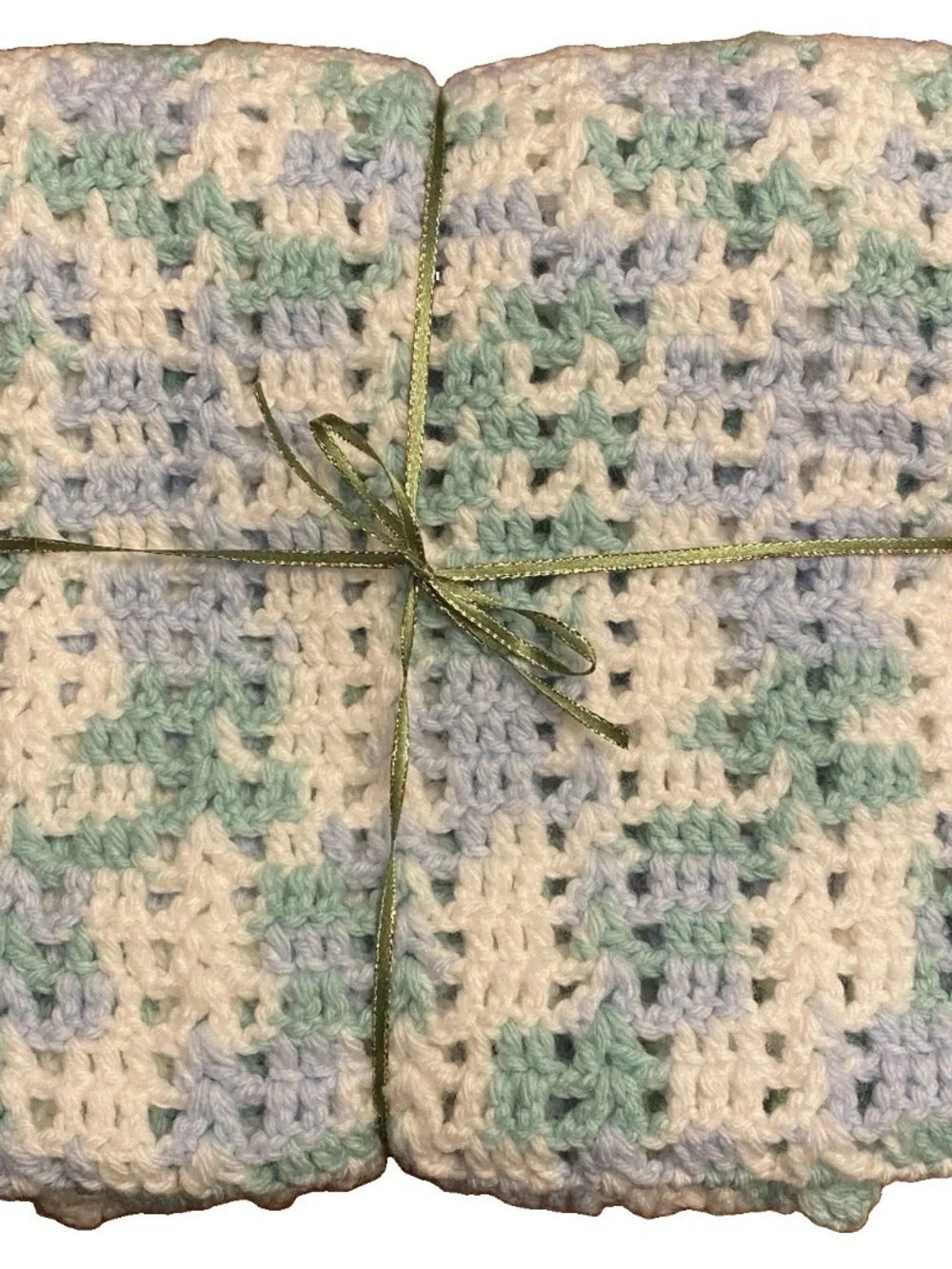 Handmade Crocheted Baby Blanket Afghan Mint Green Blue White